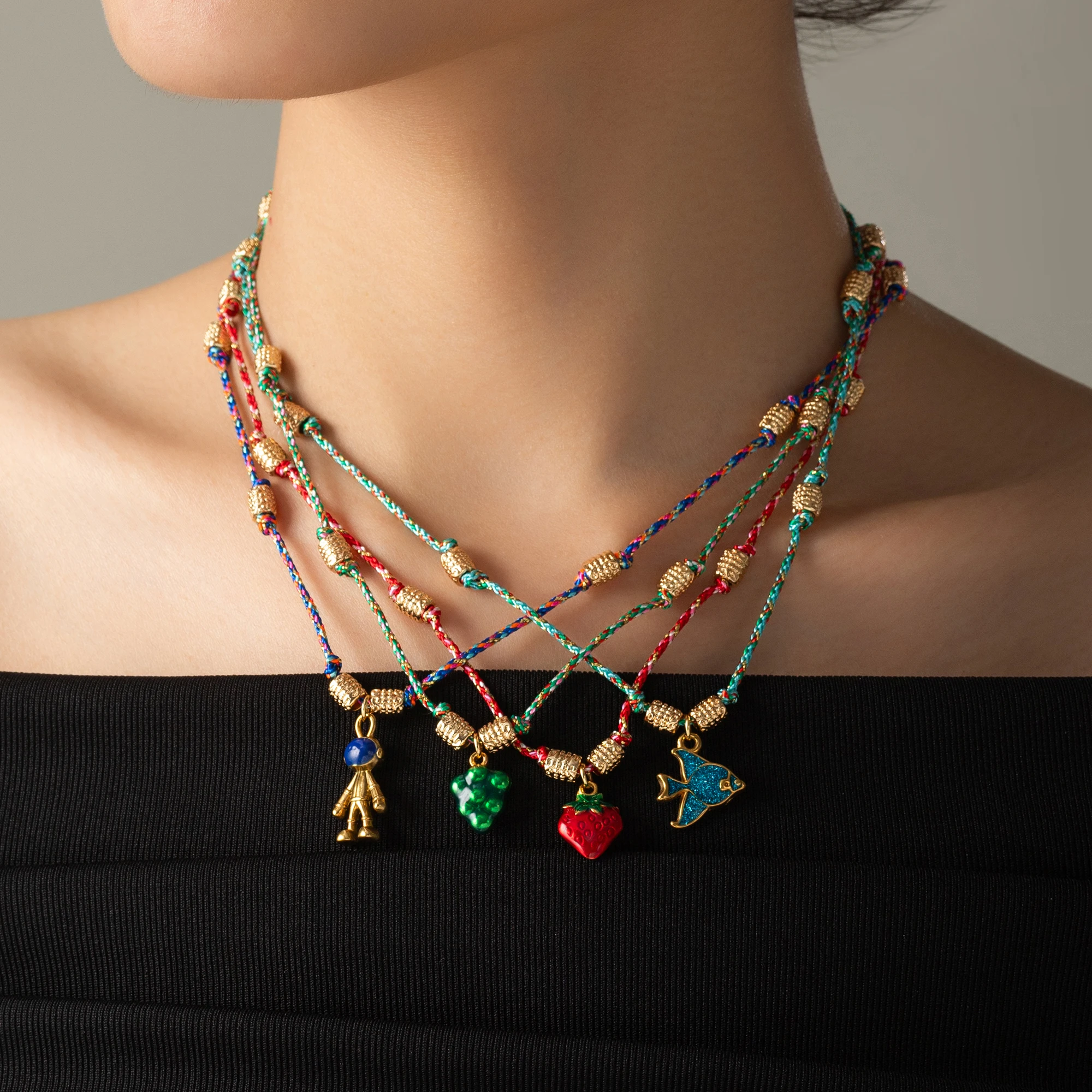 

Stainless steel necklace fruit ocean series dripping oil colored pendant rope handmade knotted jewelry ﻿