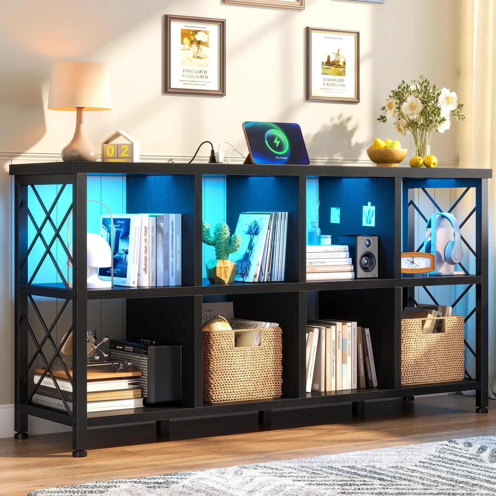 8 Cube Storage Organizer, LED Horizontal Bookshelf