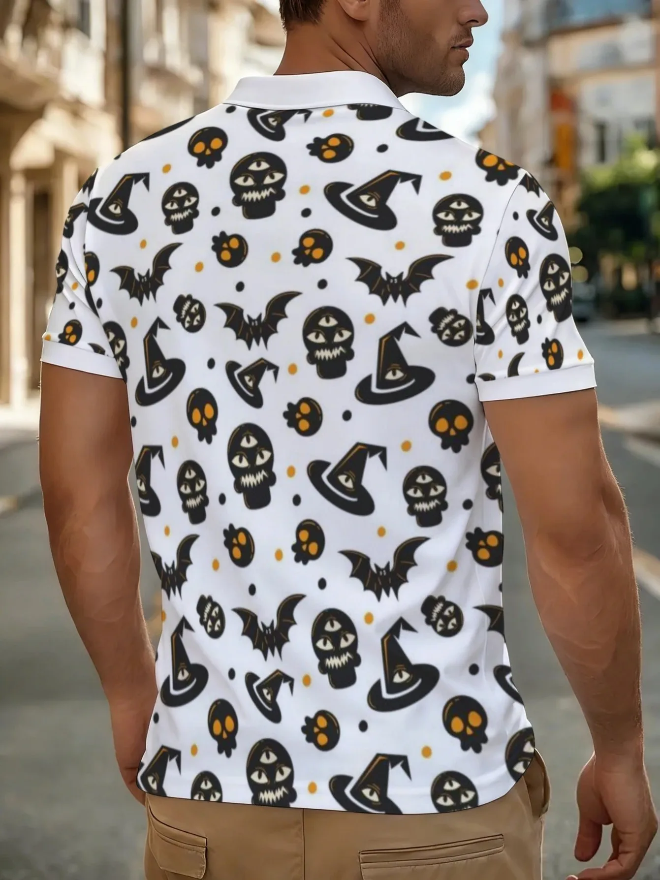 Men Halloween Skull Witch Hat Short Sleeve Polo Shirt Bat Pumpkin Dots Print Turn‑Down Collar Party Tops