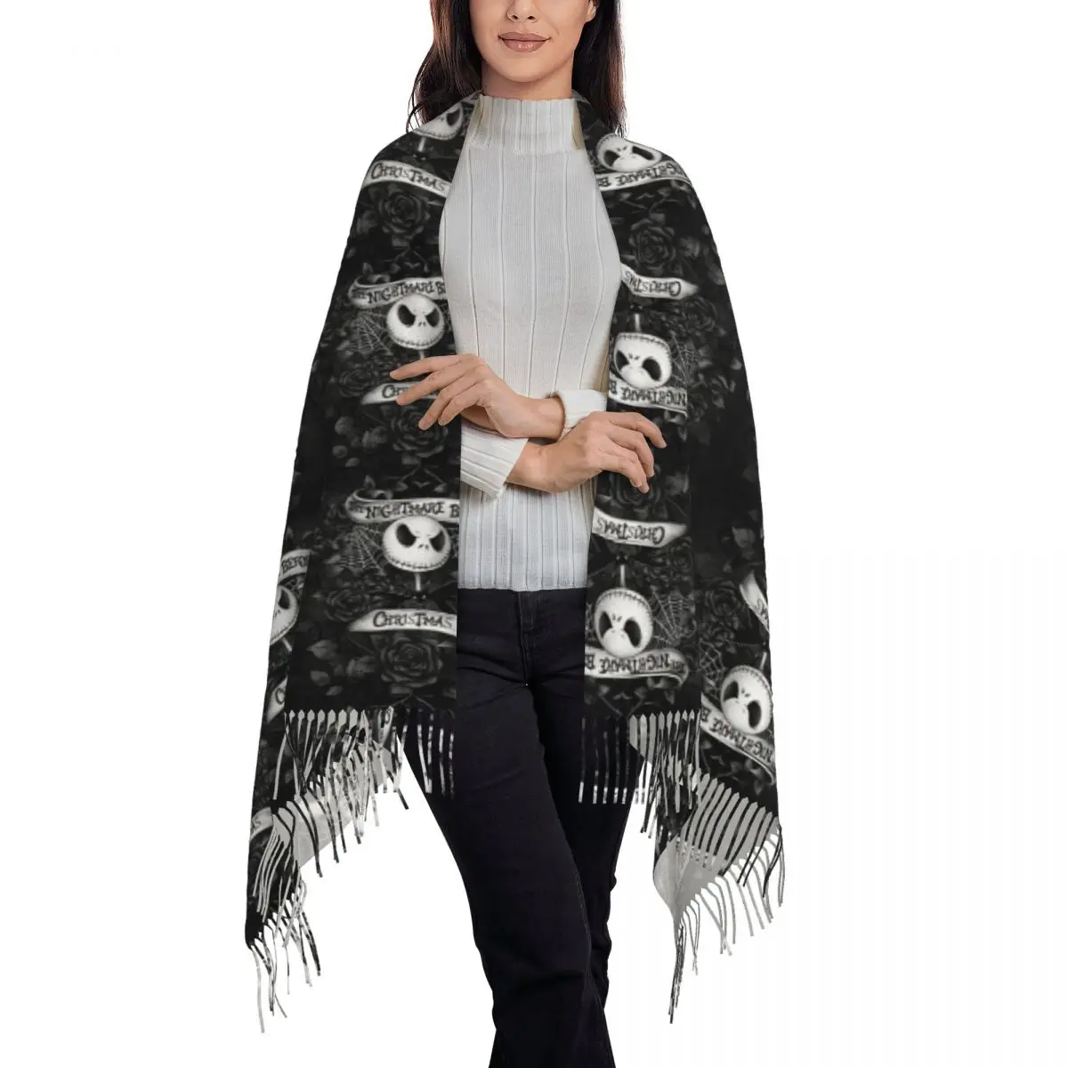 Bufanda personalizada de pesadilla antes de Navidad para mujer, chal grueso y cálido con borla, envolturas de calavera de Halloween, bufanda de esqueleto Jack, Invierno