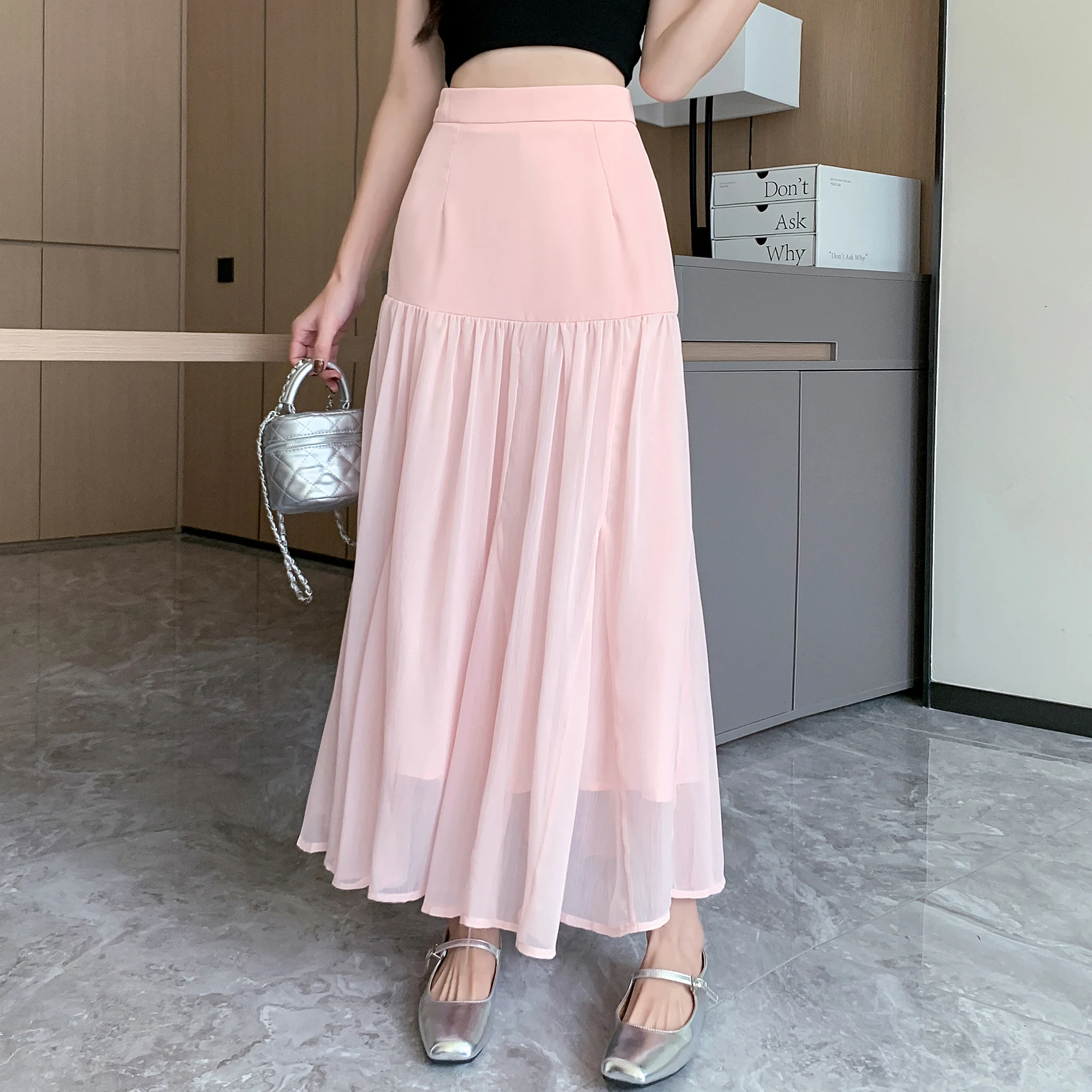 

2023 New Spring Summer Women High Waist Slim Long Skirt Korean Style Fashion Tulle Patchwork Big Hem Sweet Pink Skirt