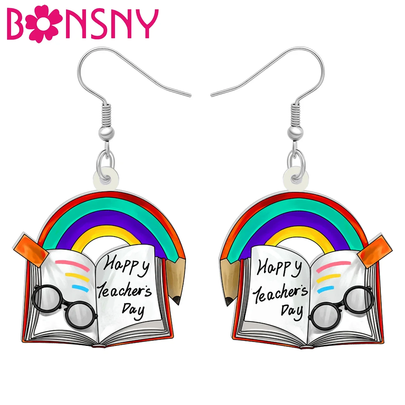 BONSNY Novelty Colorful Book Pencil Earrings Funny Acrylic Back to School Drop Dangle Jewelry Gifts For Women Girls Kids