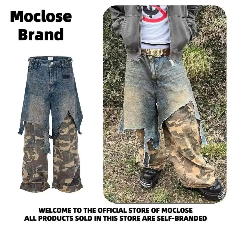 

Хай-стрит, ретро, потертые потертые камуфляжные мужские джинсы, два пары джинсов, готический топ, рваная рабочая одежда, джинсы, свободные брюки для пары