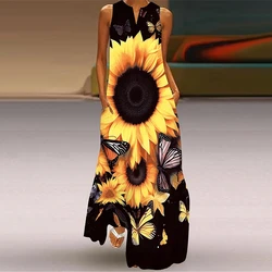 Women'S Plus-Size Dress Fashion Sunflower Print V-Neck Tank Top Dress Summer Casual Sleeveless Dress Women Elegant Evening Gown