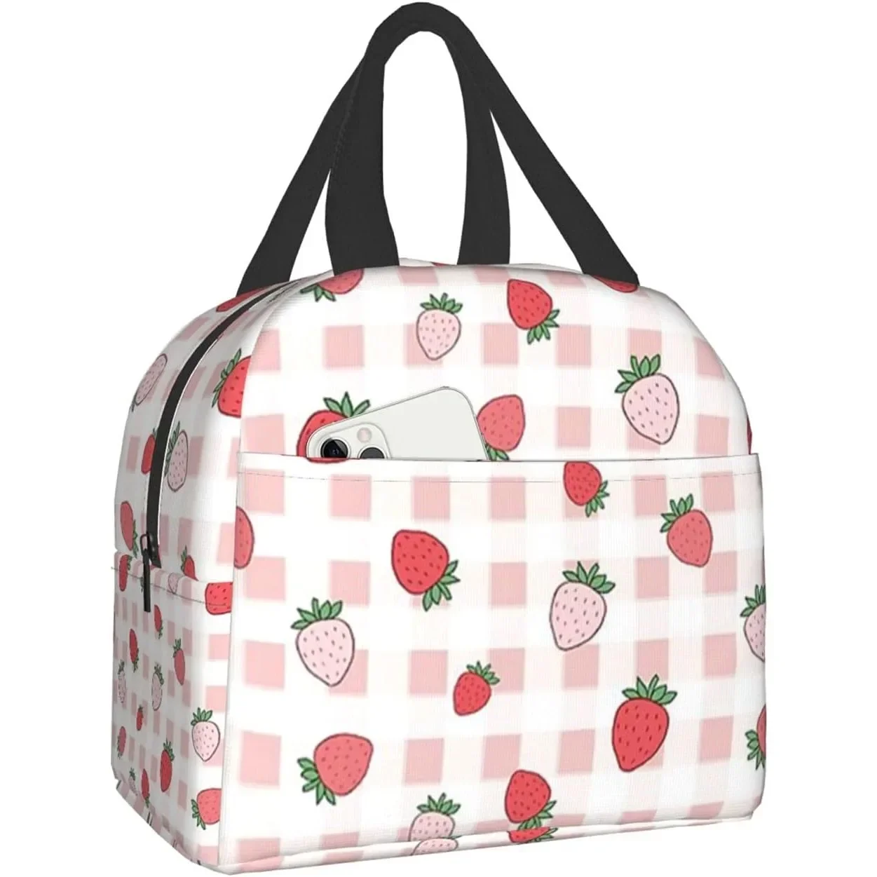 Unisex Pretty Pink Strawberry Lunch Bag, Durable Oxford Cloth With Aluminum Foil Insulation, Waterproof And Reusable
