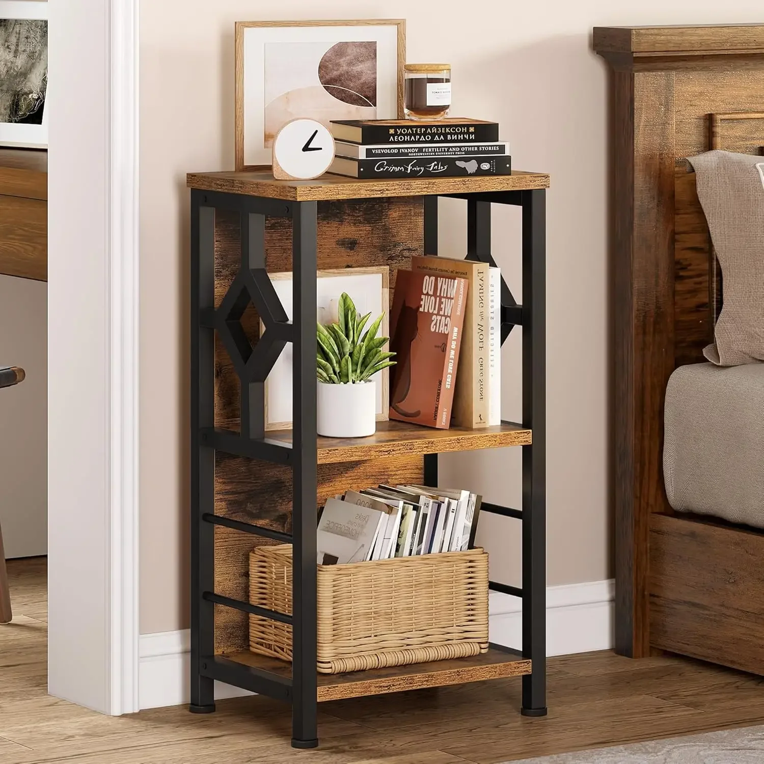 Small Bookshelf, 3 tier Farmhouse Bookshelf with Storage,Short Bookshelf for Small Spaces,Mini Shelf Stand,Open Bookcase