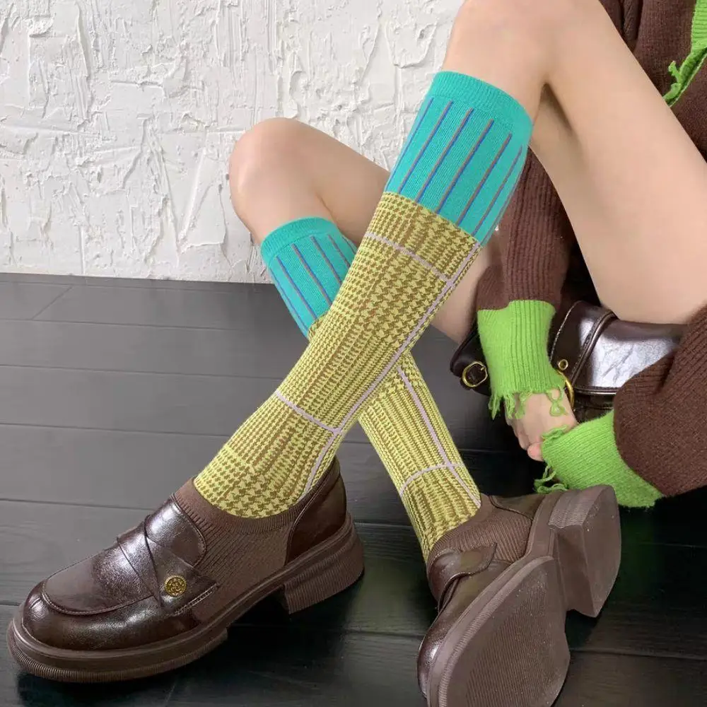 Retro Women's Calf Socks Korean Novelty Long Socks Cotton Vintage Mixed-Color Striped Socks Comfort Striped Stockings For Girls