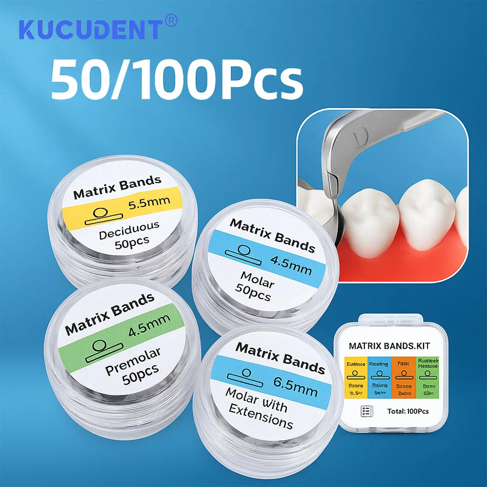 

50/100 Pcs Dental Matrix Bands Metal Sectional Contoured Matrices For Molar Teeth Replacement 3.5/4.5/5.5/6.5mm Dentist Material