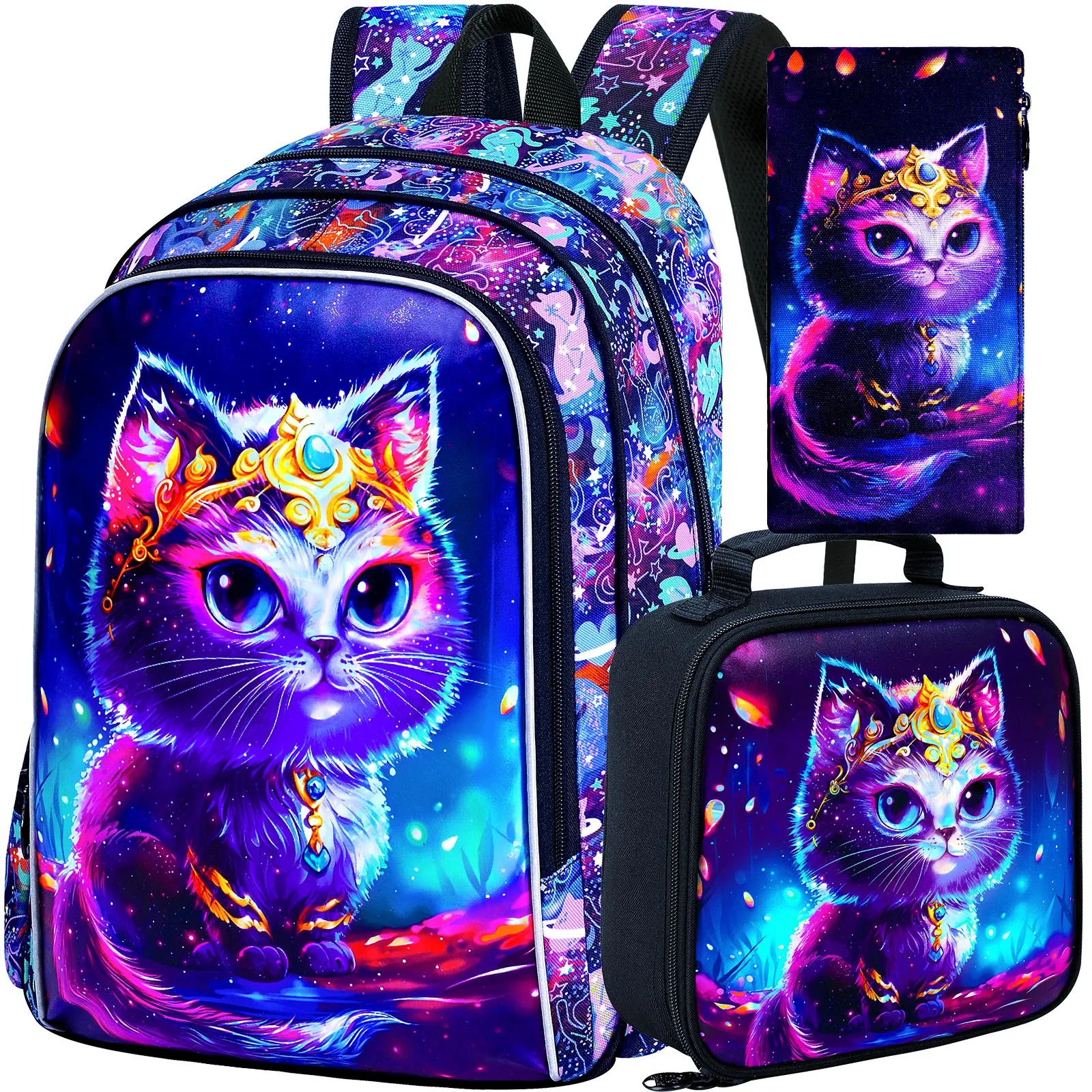 3個セット-ダイヤモンドキャットバックパックセット-女の子用-ギャラクシープリント-キッズスクールバッグ-ランチボックス付き