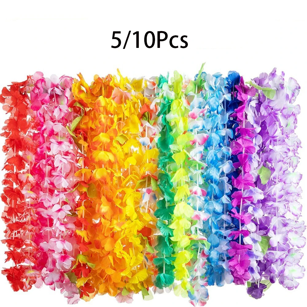 5/10 pçs leis para luau cor havaiana decoração flor de seda leis verão praia piscina em massa hula dança festa decoração flor artificial