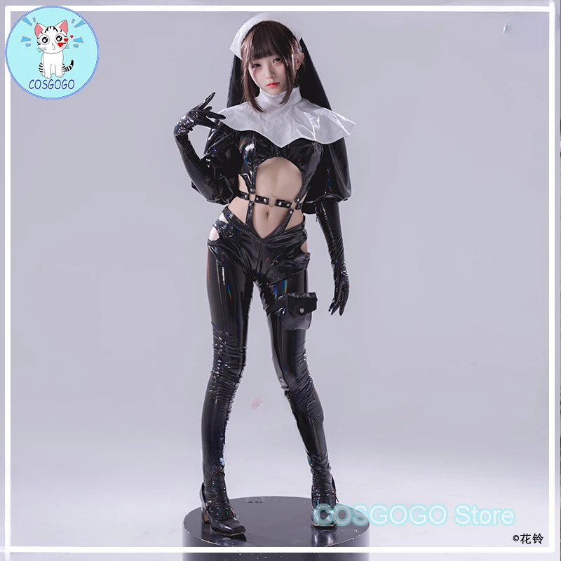 

Nun Cosplay Costume Halloween Outfits Women Sexy Tight Private Nun PU Women Costumes Outfits Black Jumpsuit