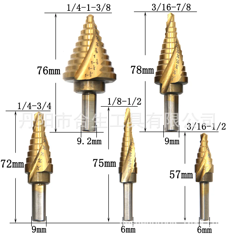 6pcs/set aluminum box imperial titanium plated triangular handle spiral groove HHS step drill pagoda drill center punching hole