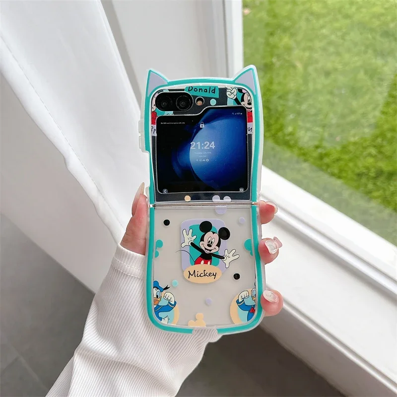 Happy Disneies Mickey Minnie 3D Cat Ear With Lanyard Phone Case for Samsung Galaxy Z Flip 3 4 5 6 5G PC Hard Back Cover Funda