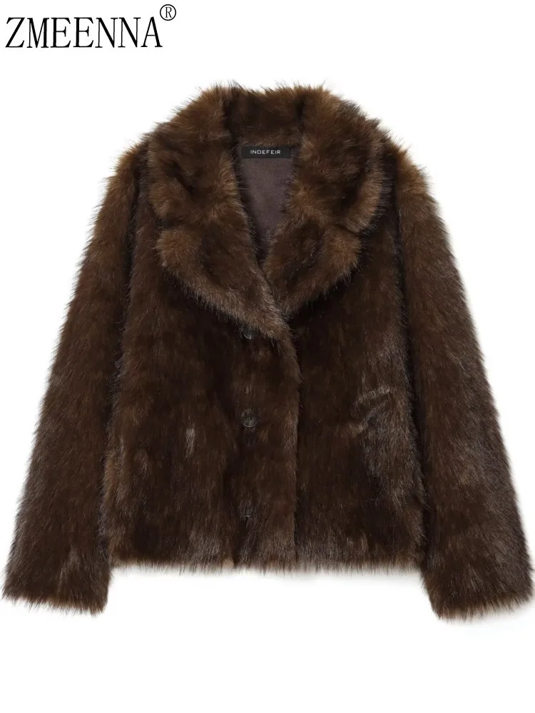 

ZMEENNA Womens Short Faux Fur Coat Button Front Lapel Collar Long Sleeve Warm Winter Outerwear Plush Fashion Casual ZM4356