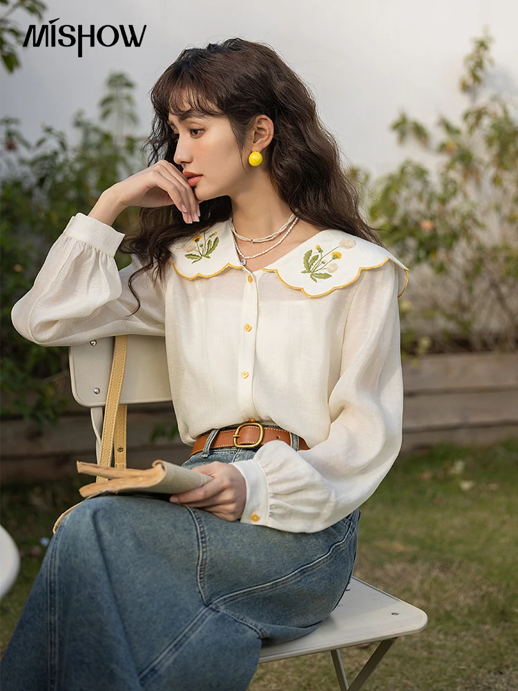 MISHOW Embroidery Women\'s Shirt 2023 Autumn Korean Peter Pan Collar Blouse Single Breasted Female Tops with Camisole MXC12C0752