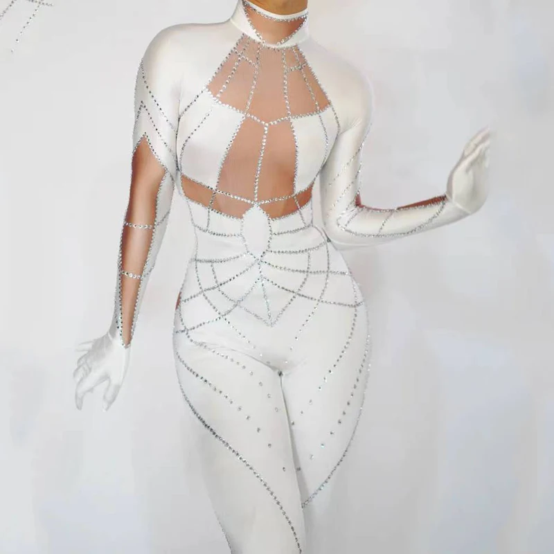 Traje de Drag Queen, mono blanco y verde con diamantes de imitación, guantes, disfraz de baile Gogo Sexy, club nocturno de Halloween Ds Dj, ropa Rave para escenario 7648