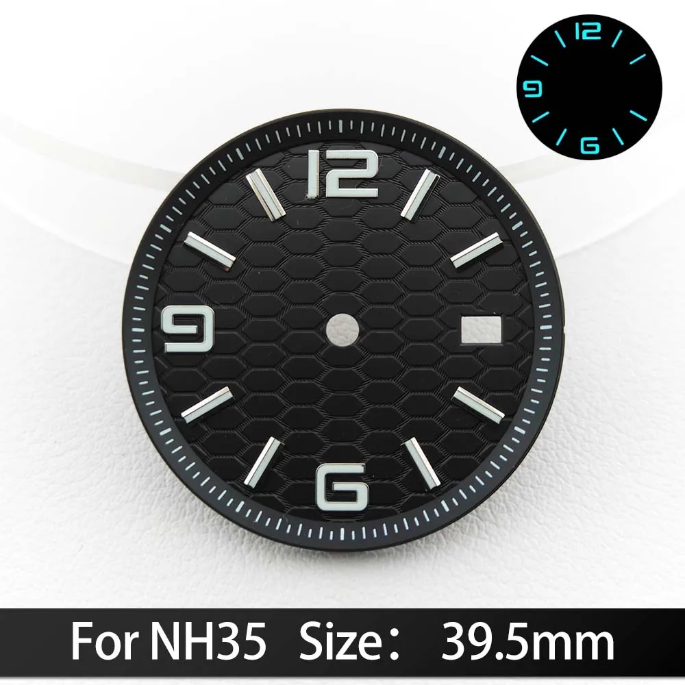 For NH35/NH36 Dials 39.5mm Blue Green luminous Calendar Window Concave Dial NH35 Automatic Movement Watch Replacement Parts