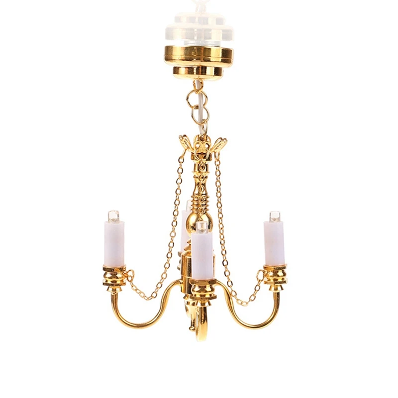 

1 PCS 1:12 Dollhouse Mini 4 Arm Ceiling Lamp Chandelier LED Lamp Dollhouse Decoration Gold