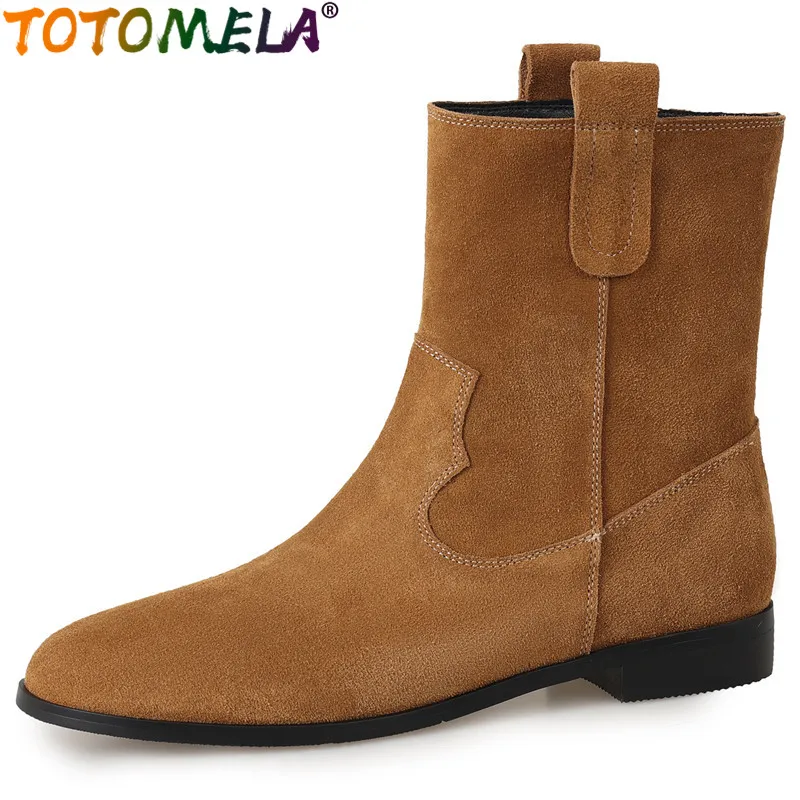 

TOTOMELA 2024 New Cow Suede Leather Western Boots Retro Female Slip On Boots Square Low Heels Winter Ankle Boots