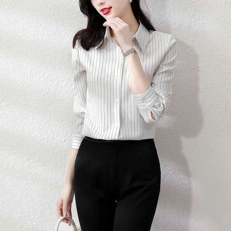 Office Lady Striped All-match White Blouse Spring Autumn Long Sleeve Polo Neck Vintage Shirt Tops Elegant Fashion Women Clothing