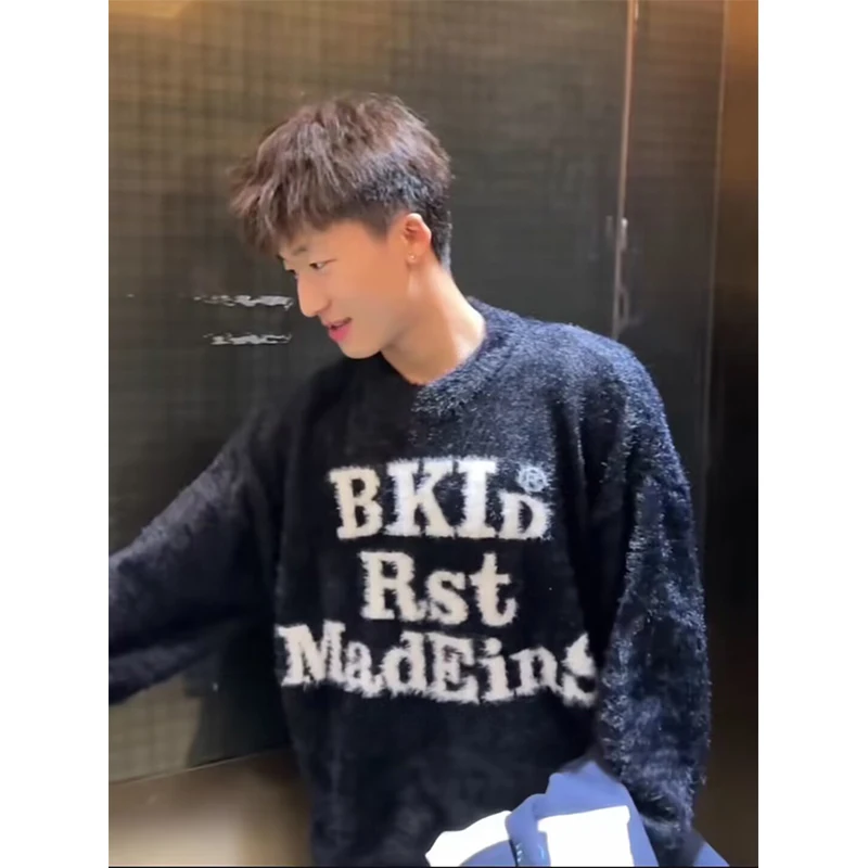 

Мужской зимний вязаный свитер Bla American Lazy Sle с буквенным принтом, новинка, свободный крой, верхняя одежда из полиэстера, имитация меха Maha, Cleanfit