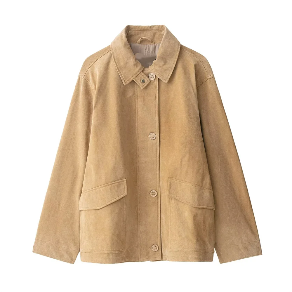 

Новая женская модная повседневная кожаная куртка с длинными рукавами и карманом с лацканами и замшевой текстурой