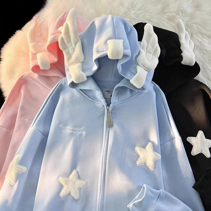 Y2k Zip Hoodie Sweatshirt Loose Long Sleeve Coat Kawaii Clothes Tops Harajuku Jacket Casual Gothic Cartoon Patchwork Streetwear