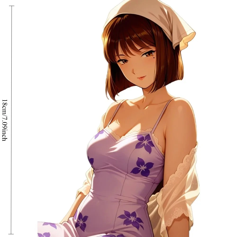 Cute Anime Brown Hair Girl in Purple Dress Decal, Durable Waterproof 2D Sticker for Auto, Motorcycle & Helmet