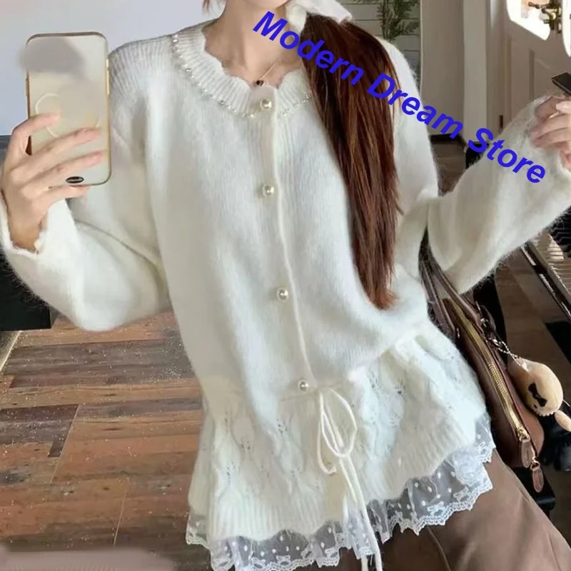 French Fashion Knit Cardigan Loose Sweet Gentle Wind Coat Women's Autumn and Winter New Beaded Waist Stitching Lace Sweater
