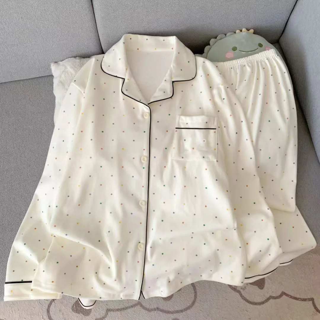 Women's Double-Sided Velvet Autumn and Winter Lined Long Sleeve and Long Pants Pajamas, Polka Dot, Cozy Homewear Set for Girls