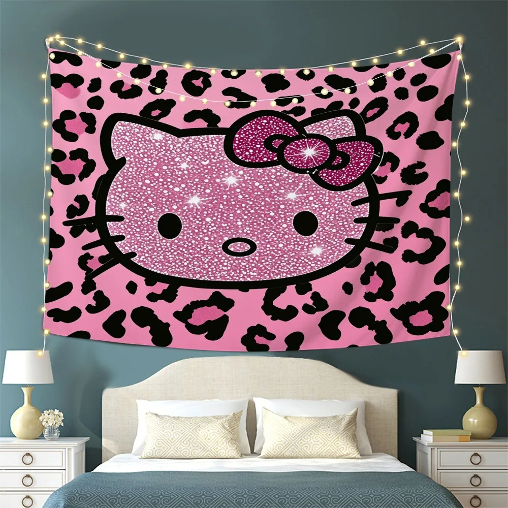 

Sanrio Hello Kitty and Cat Cartoon Tapestry Wall Bedroom Wall Art Playful and Vibrant Kawaii Anime Home Decoration