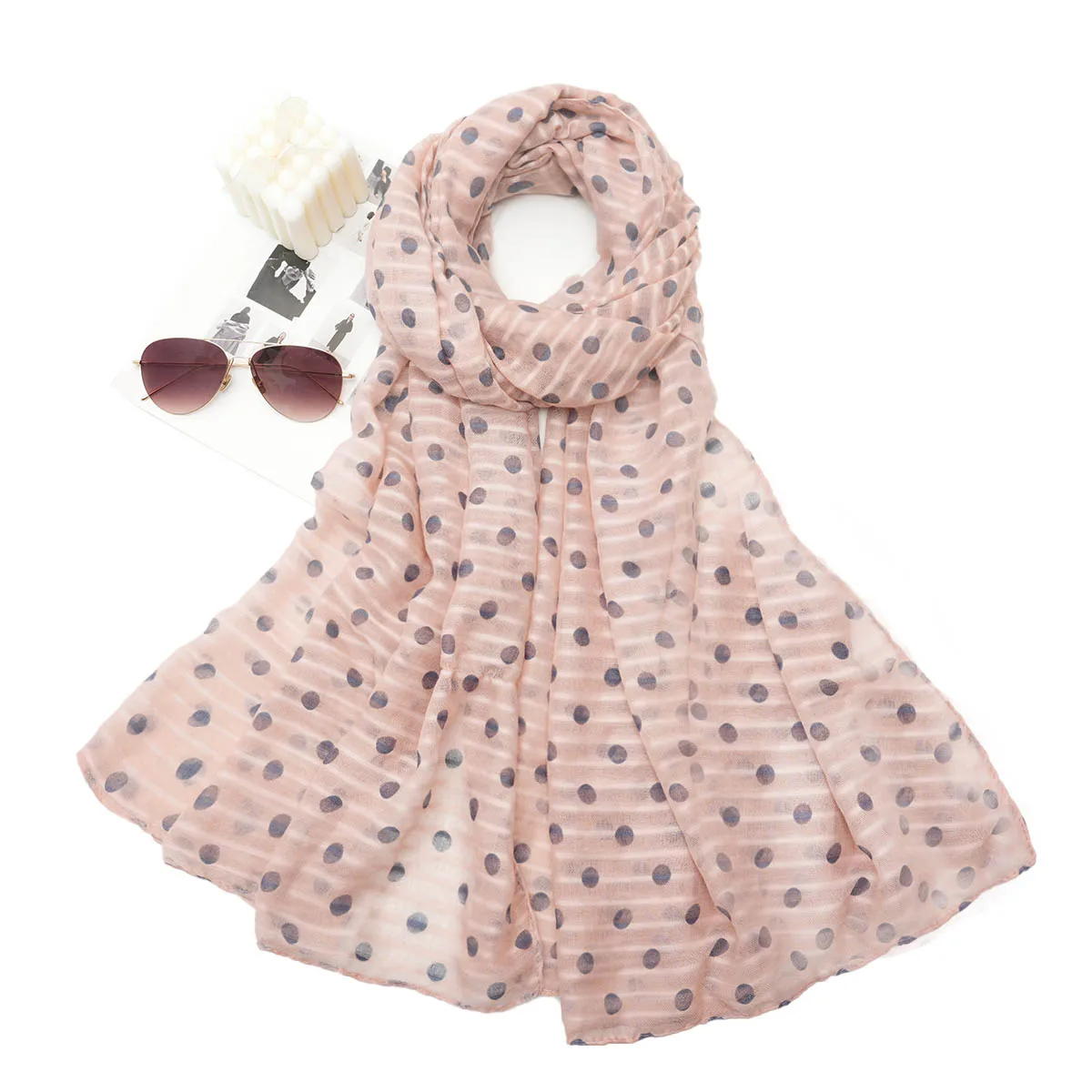 A fashionable and versatile polka dot striped printed cotton and linen thin women\'s scarf and shawl