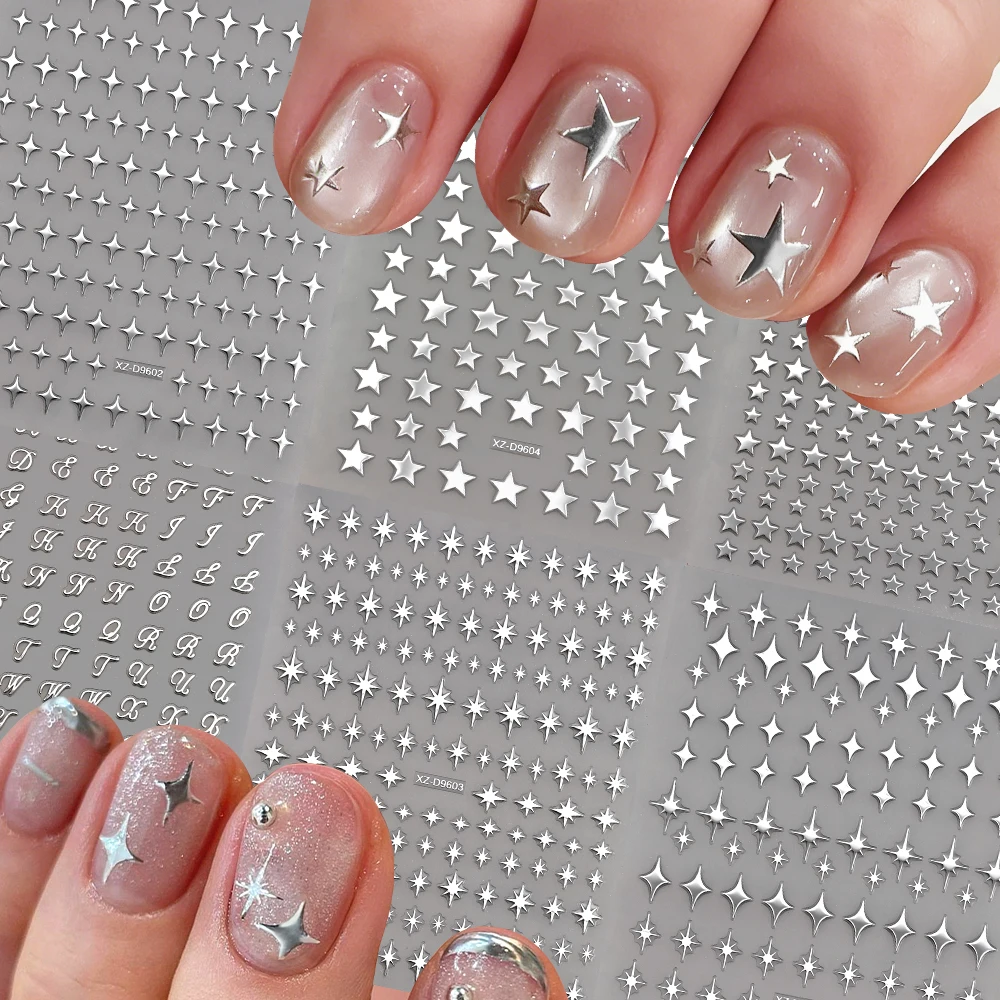 

6Pcs/Set 3D Metal Silver Star Cross Starburst Nail Stickers Y2K Metallic Shimmer Starlight Roman Letter Decals Nail Art Decorat