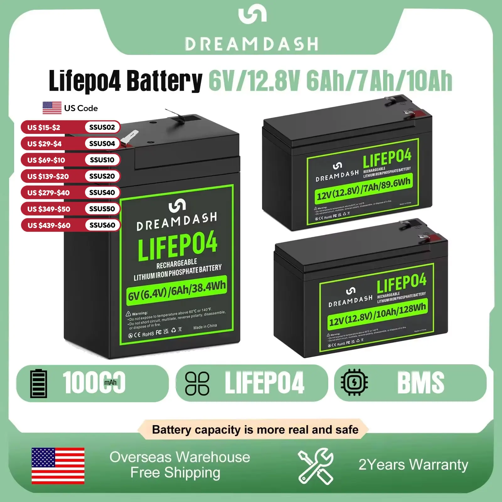 

Dreamdash 12V 10Ah 7Ah LiFePO4 Battery With BMS Rechargeable Lithium Iron Phosphate Battery 6V 6Ah For Emergency Light/Kids Car