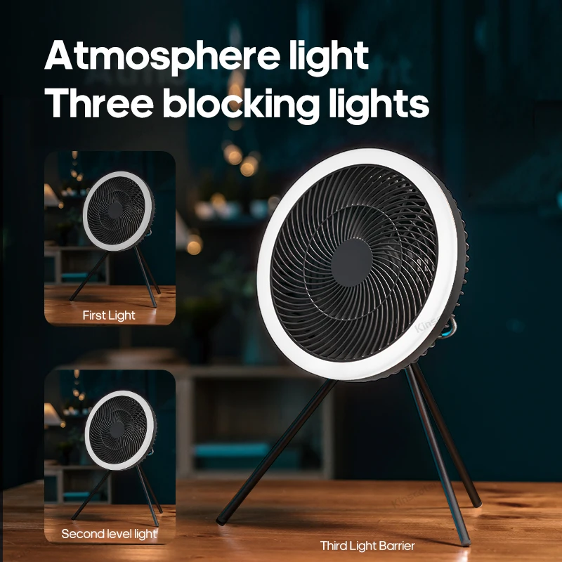 KINSCOTER التخييم في الهواء الطلق LED مروحة سقف لاسلكية 10000mAh قابلة للشحن مروحة الطاولة حامل ثلاثي القوائم مروحة محمولة مع جهاز التحكم عن بعد