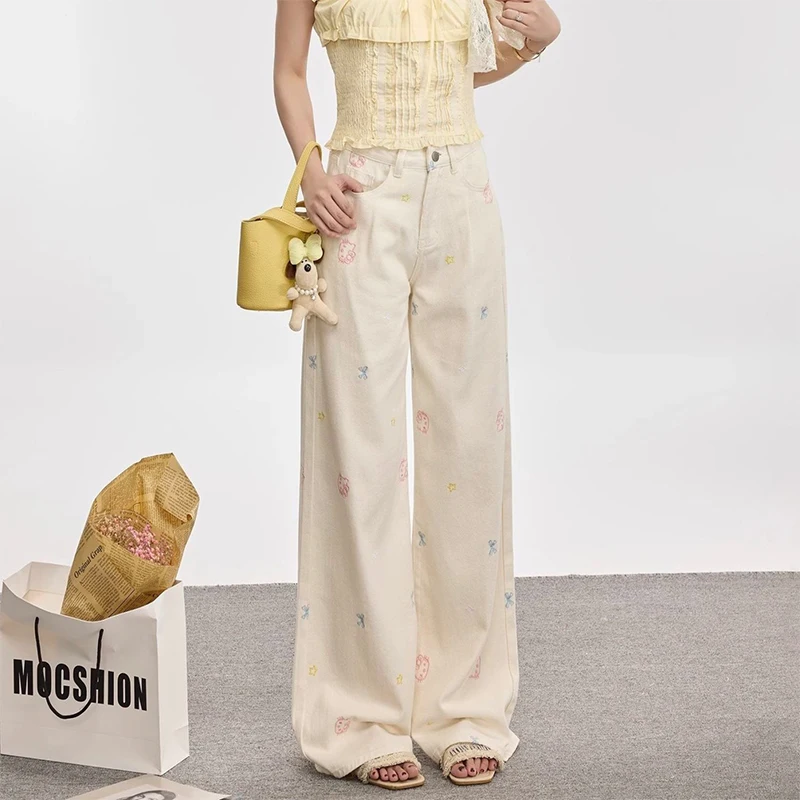 

Embroidered Sweet and Cool Hello Kitty Bow Wide-Leg Denim Pants for Women, New Summer Design, Unique and Loose Fit Long Pants