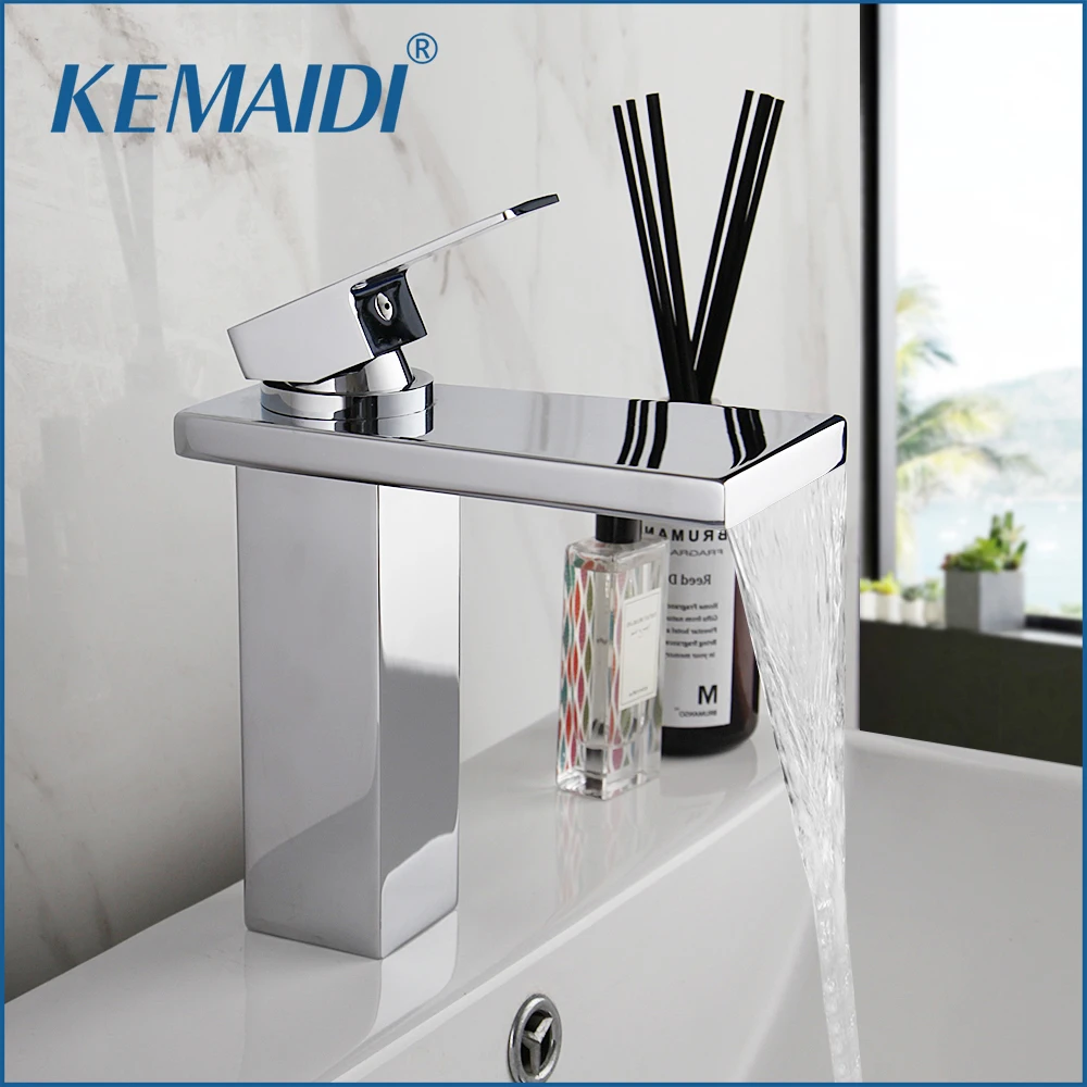 

KEMAIDI Bathroom Basin Faucets Chrome Finished Waterfall Tap Hot & Cold Waterfall Mixer Single lever Brass Lavatory Crane Tap