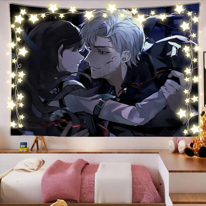 VIKAMA Romantic Anime Couple Tapestry Wall Hanging Night Embrace Silver Hair Manga Aesthetic Wall Art Indie Bedroom Decor