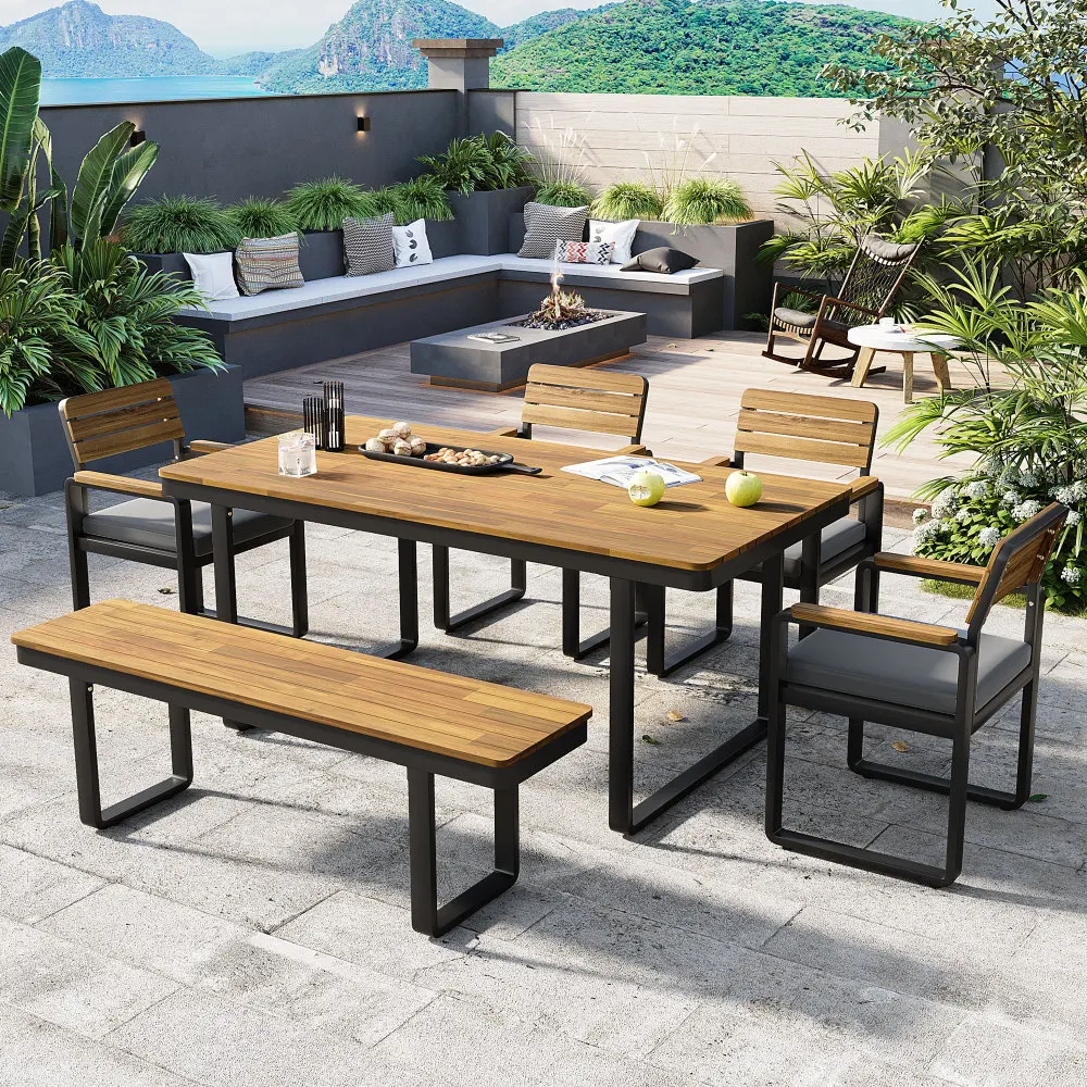 

6-Piece Acacia Wood Outdoor Dining Set: 1 Table+4 Chairs+1 Bench (6-7P), Gray Cushions, Adjustable Feet for Patio/Garden/Backyar