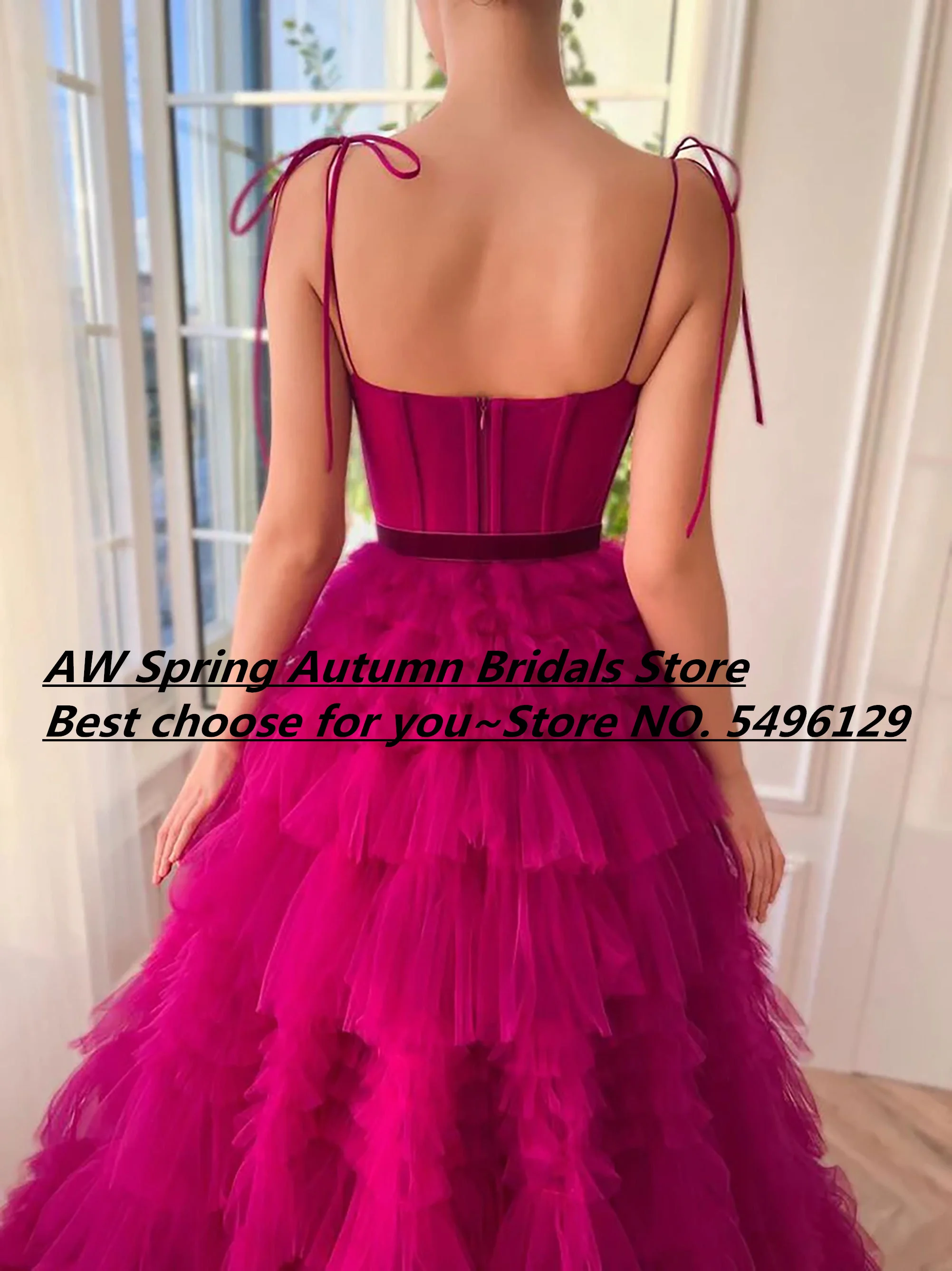 Sexy Fuchsia Prom Dresses Straps Sweetheart Floor Length Ruffled Skirt Tulle Prom Evening Gown Popular Birthday Party Dress