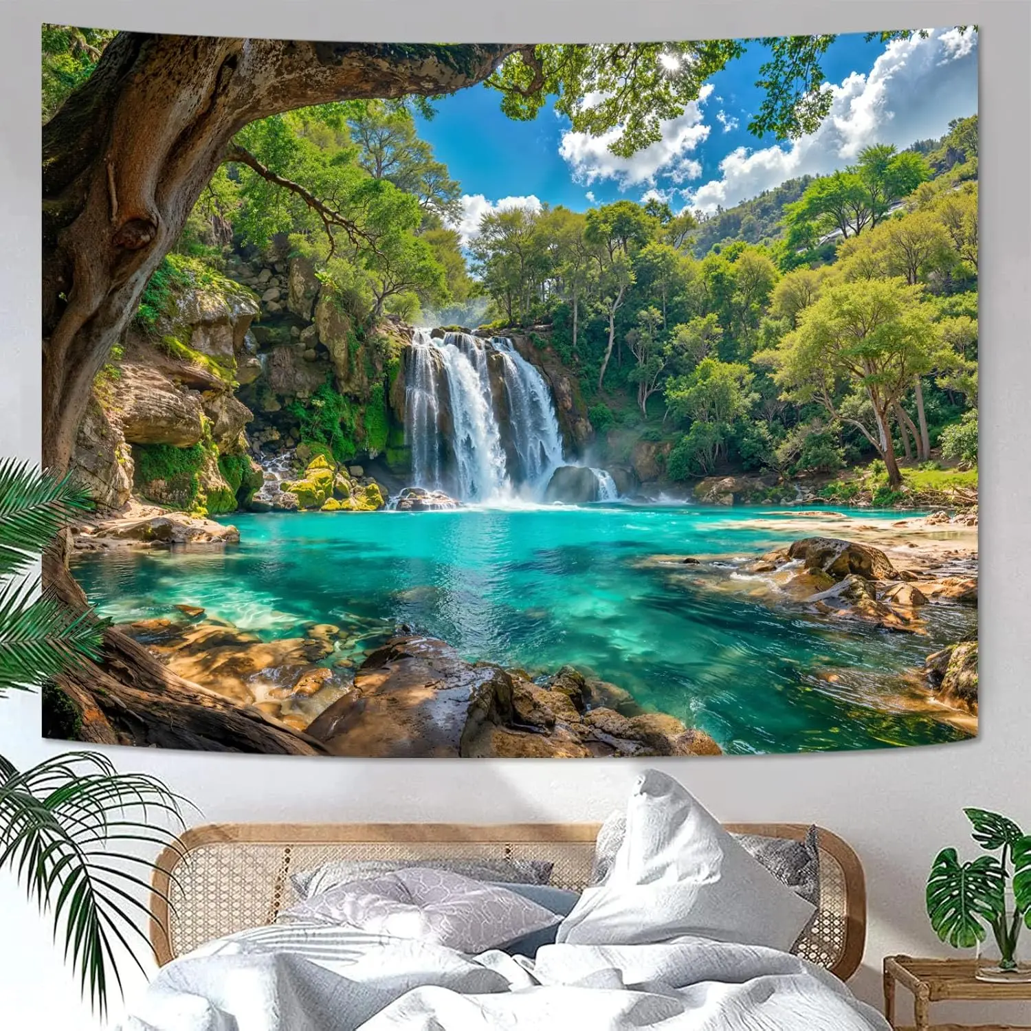 Aesthetic Waterfall Nature Tapestry Wall Decor Bohemian Forest Landscape Rustic Jungle River Print Home Decoration Fabric Art