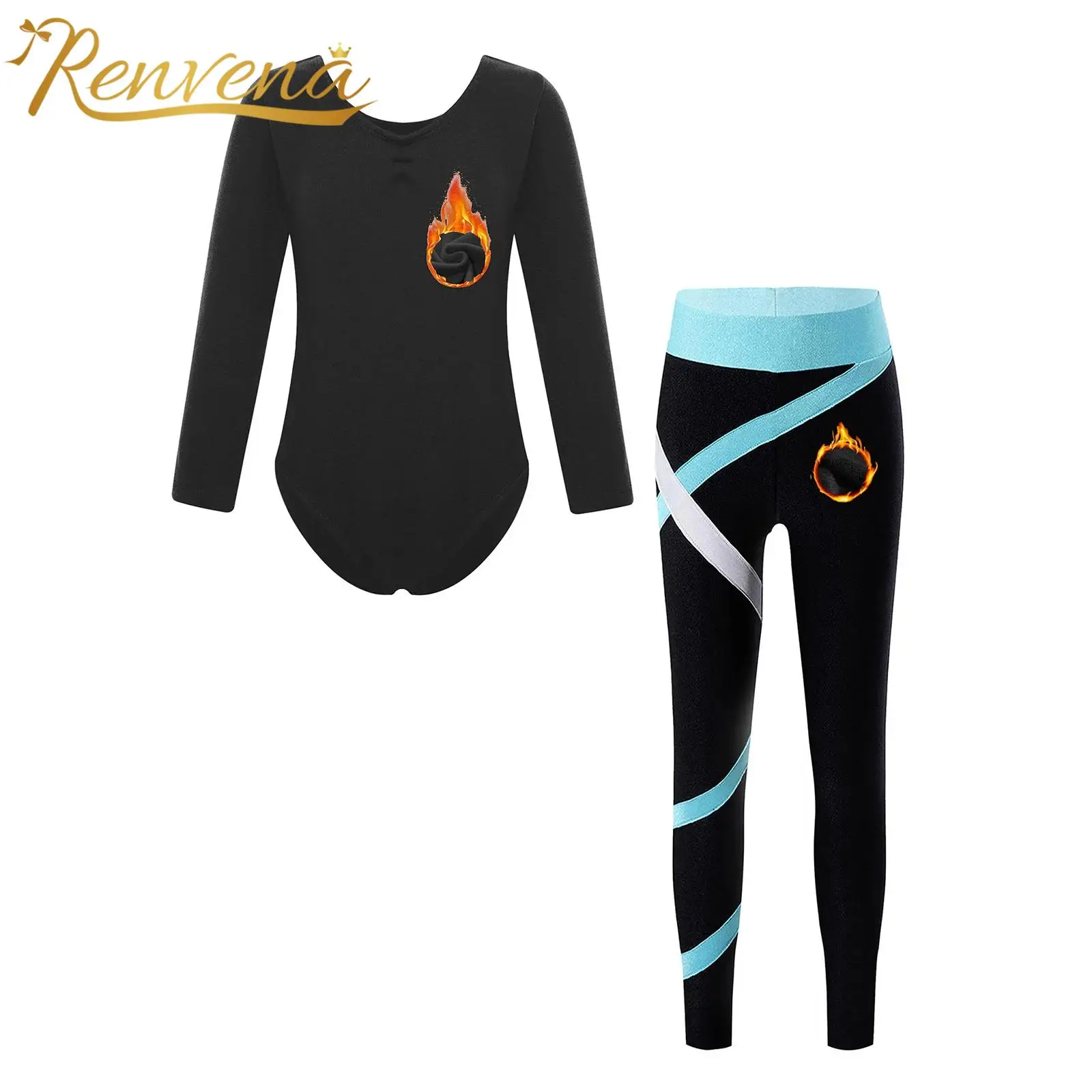 Kids Girls Skating Dance Bodysuit Fleece-Lined Outfit Dancewear Set Long Sleeve Gymnastics Leotard with Patchwork Leggings