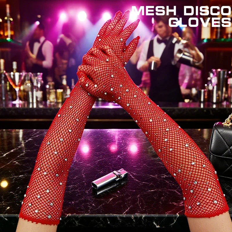Black White Red Long Fishnet Gloves With Rhinestones Hollow Out Finger Fancy Dress Cosplay Party Prom Women Accessories