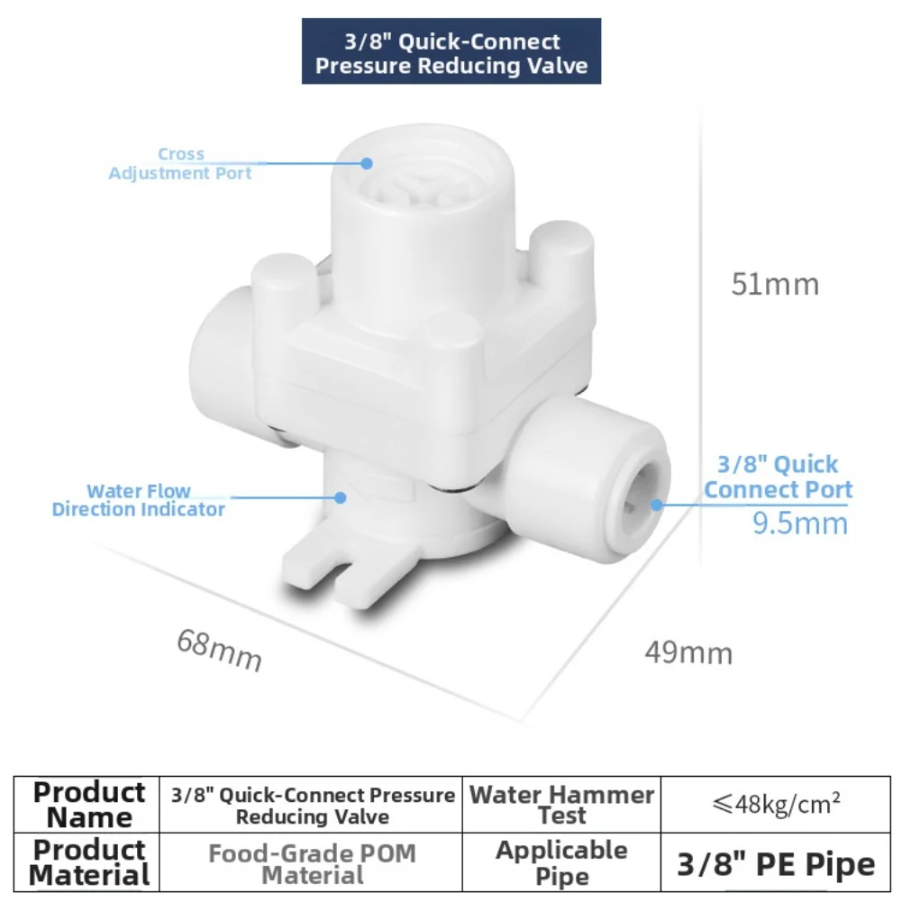 1/4 and 3/8 RO push fit pressure regulator adjustable quick connect for pure water line protects plumbing from hammer effects
