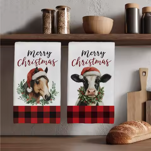 2PCS Grid Christmas Horse Cow Kitchen Towels Dish Towel Dish Cloths Holiday Dry Cloth For Kitchen Christmas Decoration 40x60cm