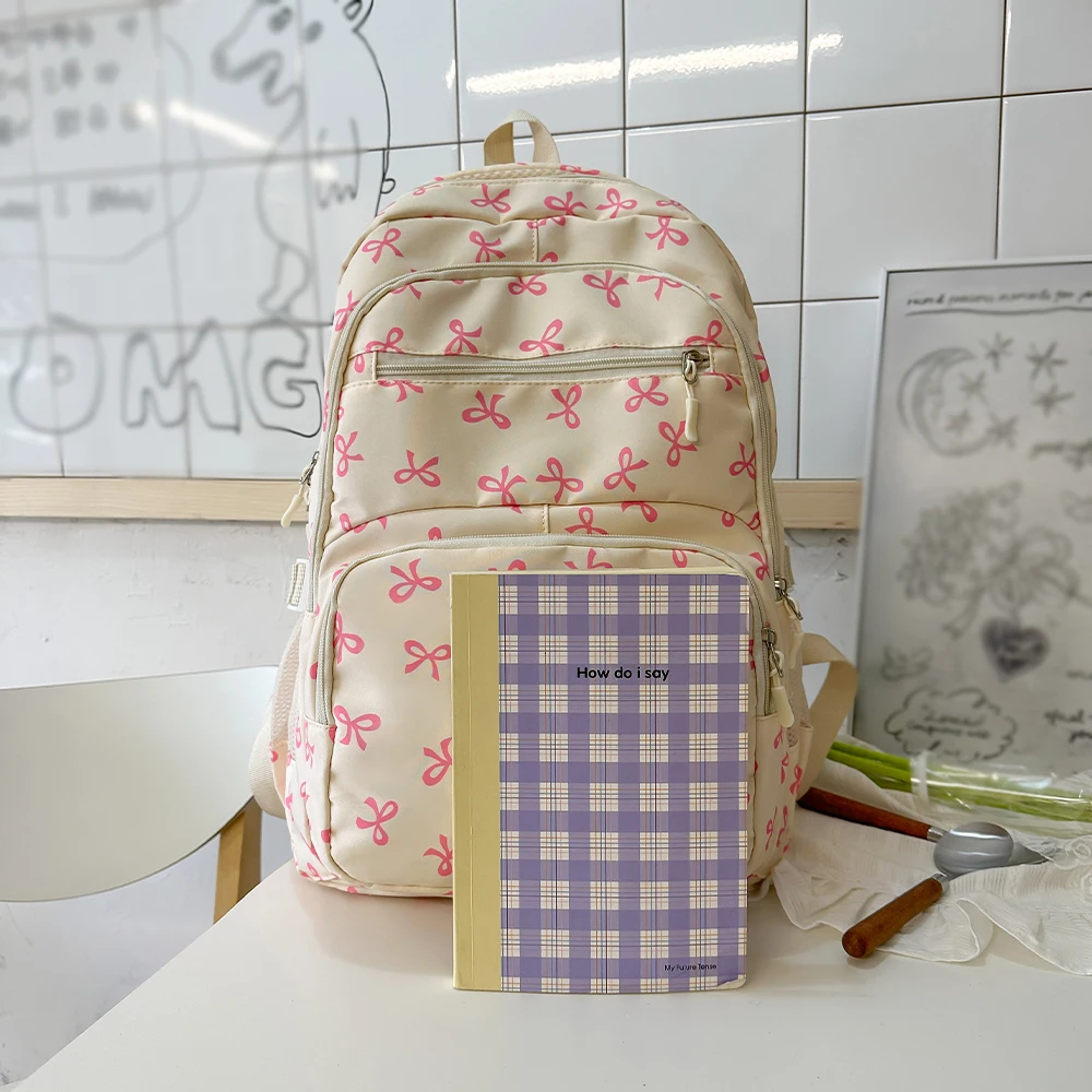 Koreanischer Mode-Rucksack mit Schleifenmuster für Damen, leicht, schlicht, Schulrucksack für Studentinnen, dreiteiliges Set. – Detail 4