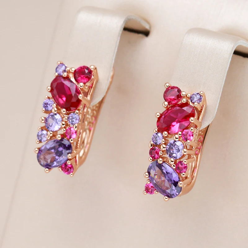 Kinel New Vintage Purple Natural Zircon Earrings for Women 585 Rose Gold Color Ethnic Wedding Jewelry Daily Party Accessories