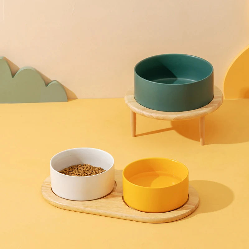 

850ml Dog Food Water Bowl Elevated Cat Drinking Eating Feeding Bowls with Wooden Stand Pet Ceramic Feeder with Removable Base