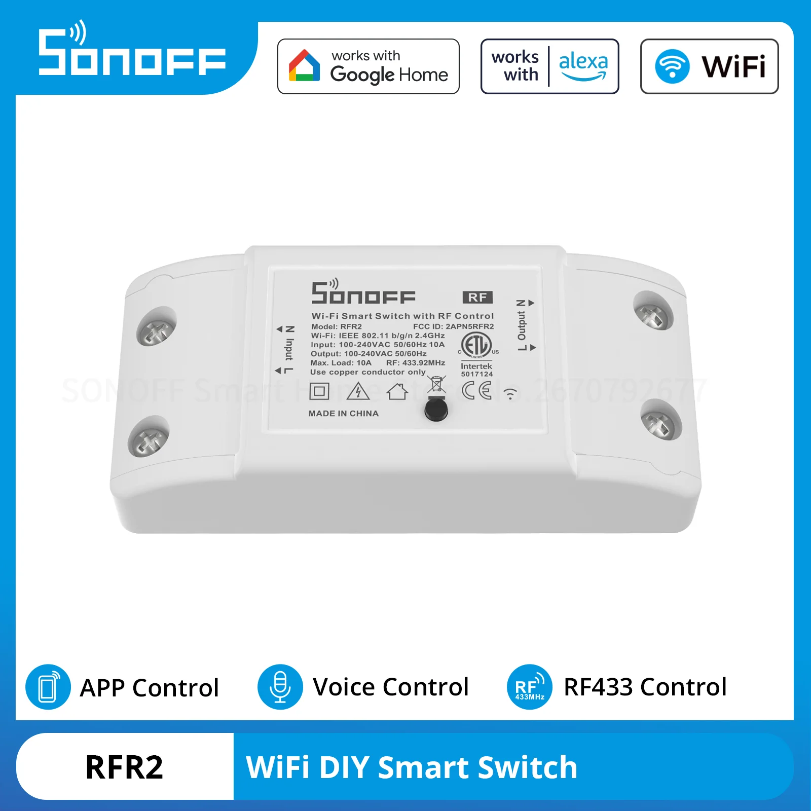 SONOFF RFR2 Wi-Fi 433Mhz RF Smart DIY Switch Remote Voice Control Breaker Smart Home Light Switch  via eWeLink APP Alexa Google