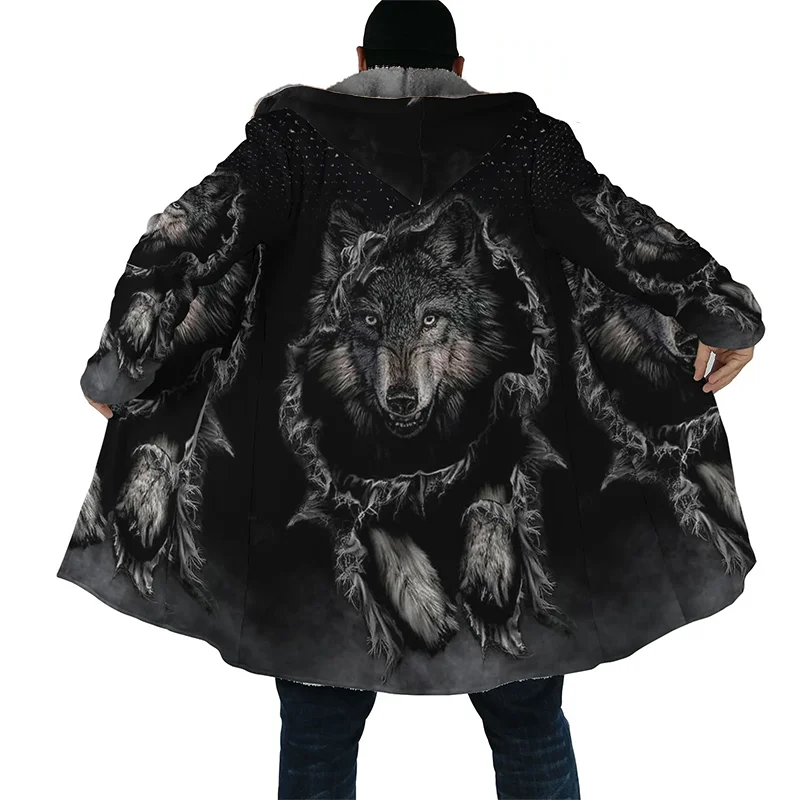 Men\'s Winter Jacket Wolf 3D Print Thick Warm Zipped Hoodie Male Coat Cape Robe Overcoat Parkas Invierno Hombre Blanket